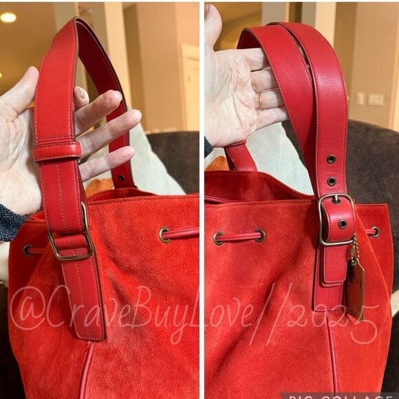 VINTAGE COACH #9478 DRAWSTRING VERMILLION SUEDE LEATHER BRASS HANGTAG EVC RARE - Picture 12 of 16